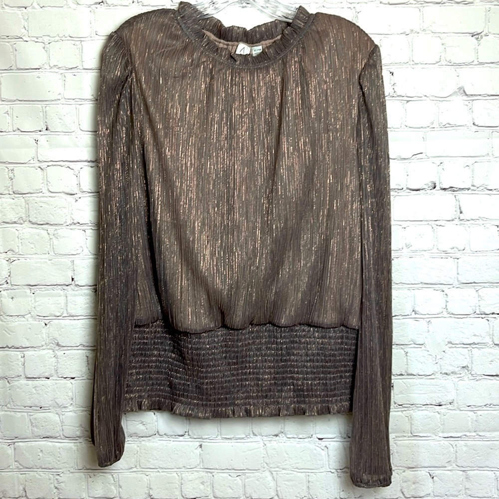Joie Metallic Champagne Shiny Blouse with Smocked Bodice